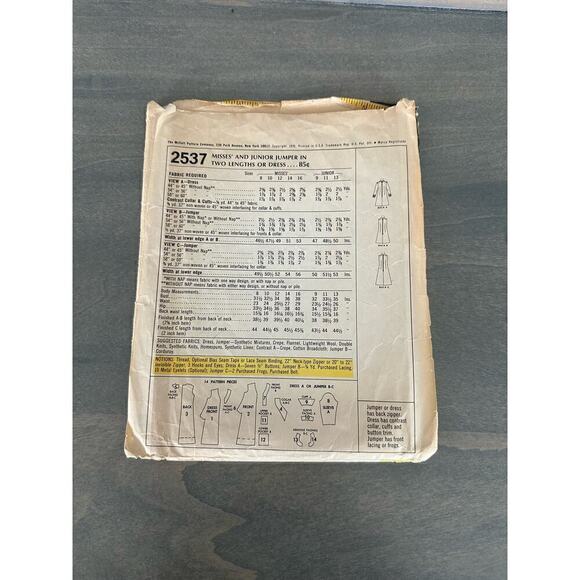 McCalls Vintage Cut Misses Jumper in Two Lengths or Dress Size 16 Pattern 2537 - Picture 3 of 7